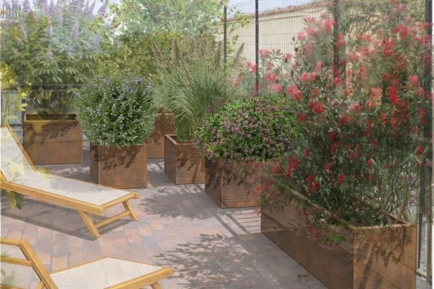 Render di progetto di un terrazzo con fioriere in corten, callistemon in fiore, salvia e cortaderia, e due sdraio in legno.