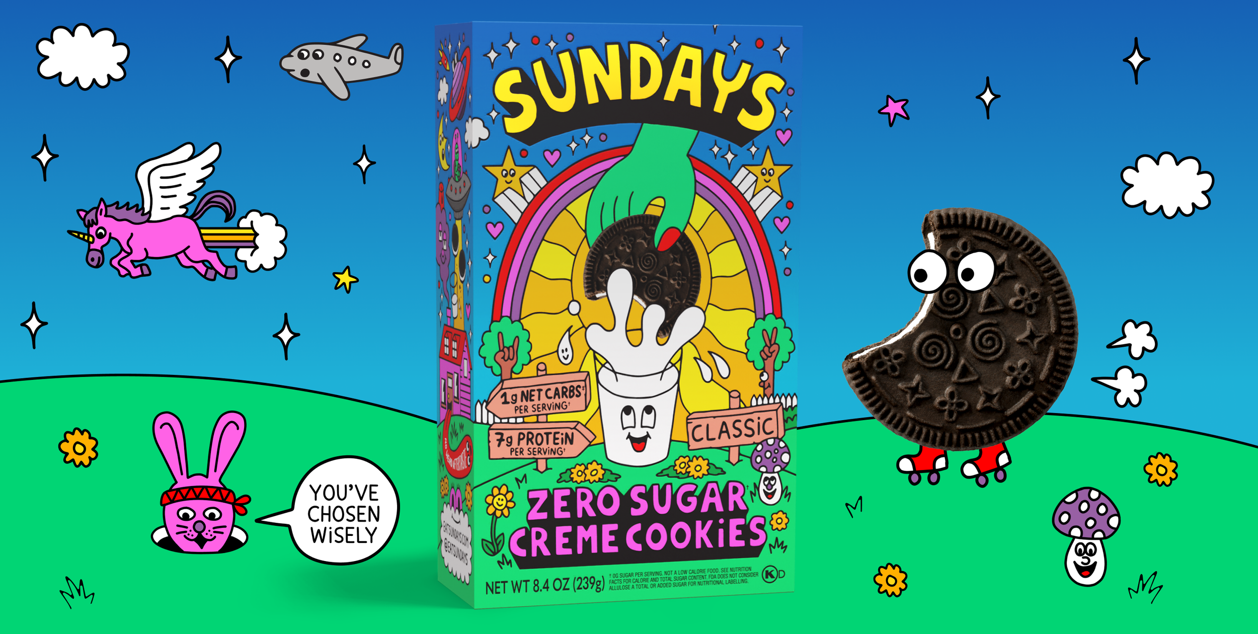 Colorful cartoon-style packaging of Zero Sugar Creme Cookies with whimsical illustrations of animals, rainbows, stars, clouds, and playful characters, set against a vibrant background with found objects like an Oreo cookie with eyes and roller skate 