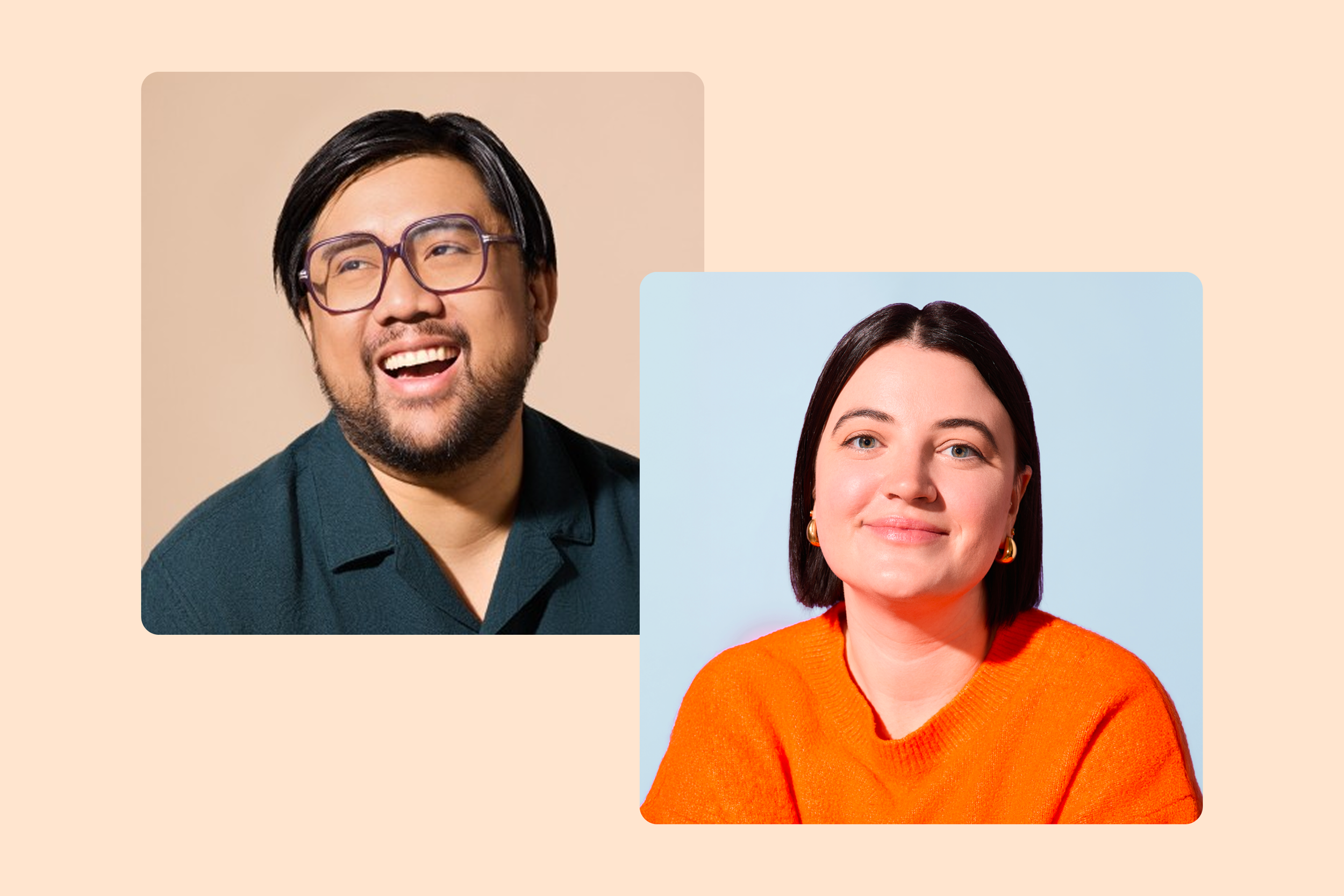 Two people, a man with glasses and a woman with dark hair, are smiling in separate photos with pastel backgrounds, placed side by side.