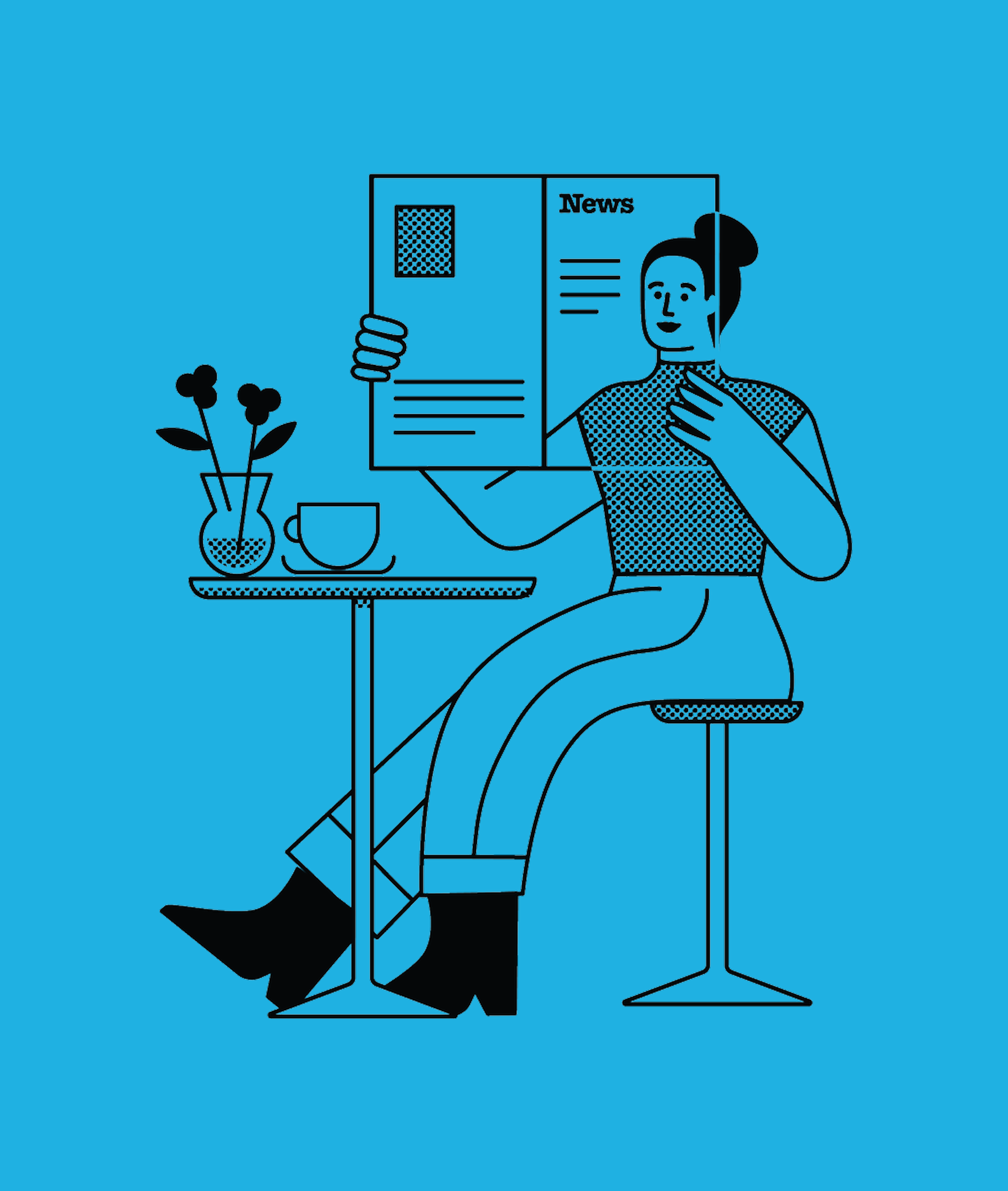 Line drawing of a woman sitting at a small round table, reading a newspaper titled 'News'. She has her hair in a bun and is wearing a dotted shirt and a skirt. On the table are a flower vase with flowers, a mug, and a small book. The background is solid blue.