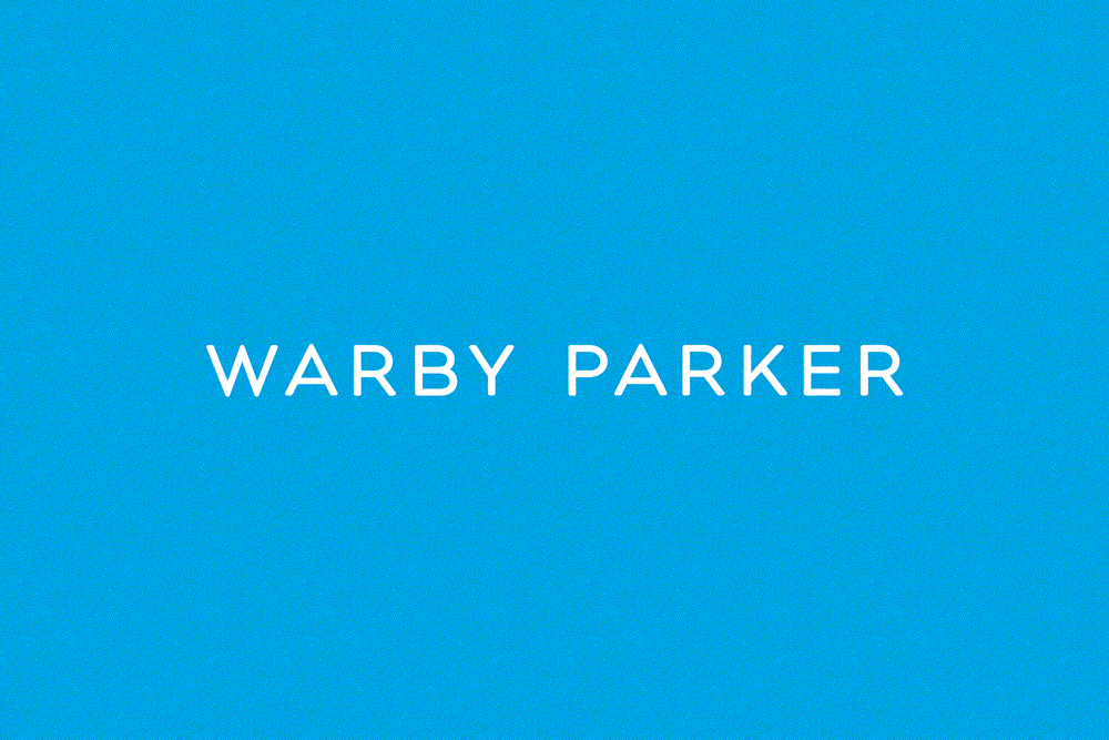 Blue background with white text that says "WARBY PARKER."