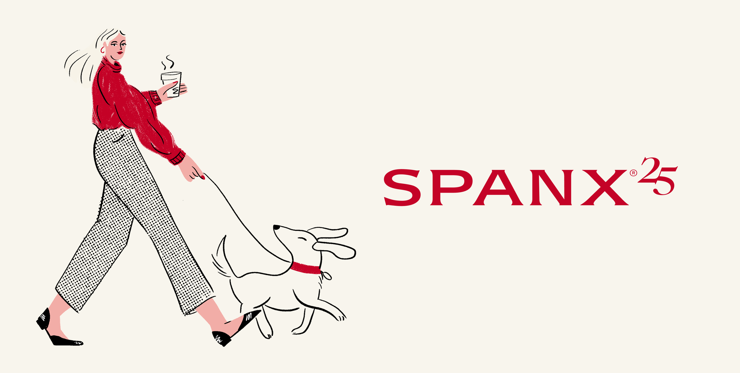 Illustration of a woman walking a dog, holding a steaming coffee cup, with the text 'SPANKS 25' on the right side.