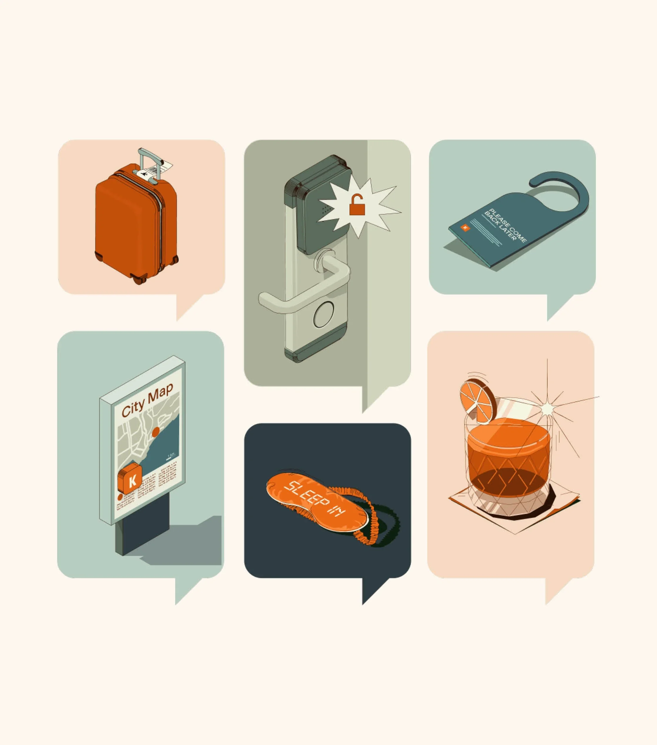 A suitcase, a door lock with a lock icon, a door hanger with 'Please Come Back Later' message, a city map, and a security wristband with 'Speed in' text.