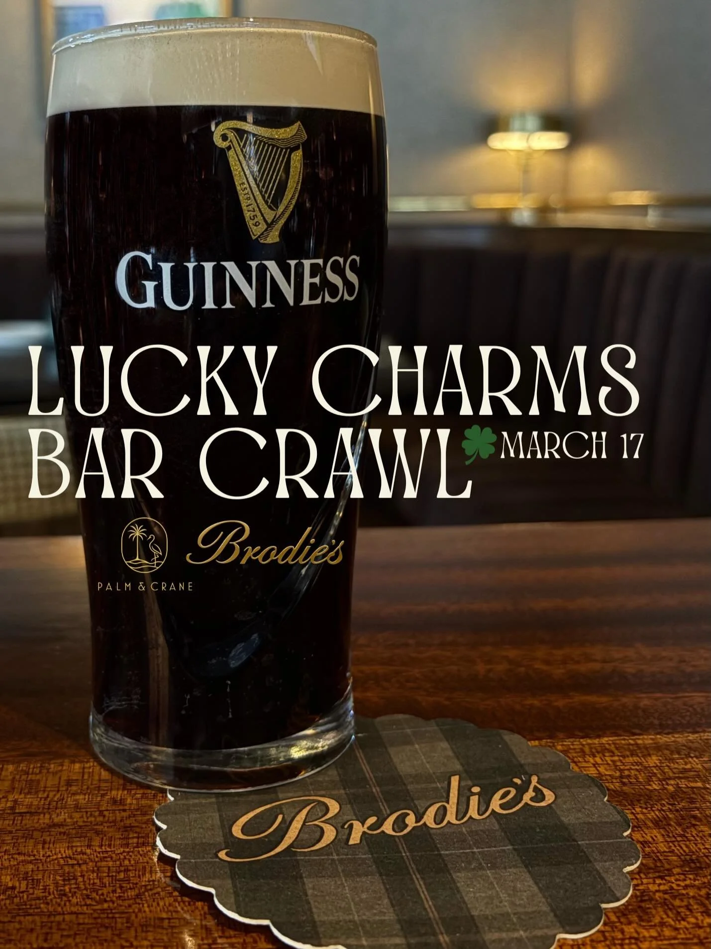 Lucky Charms Bar Crawl &mdash; March 17

Both floors will be open at Brodie&rsquo;s and Palm &amp; Crane for the ultimate St. Patrick&rsquo;s Day celebration. Join us for a night full of energy, tradition, and plenty of fun.

Familiar Strangers will 