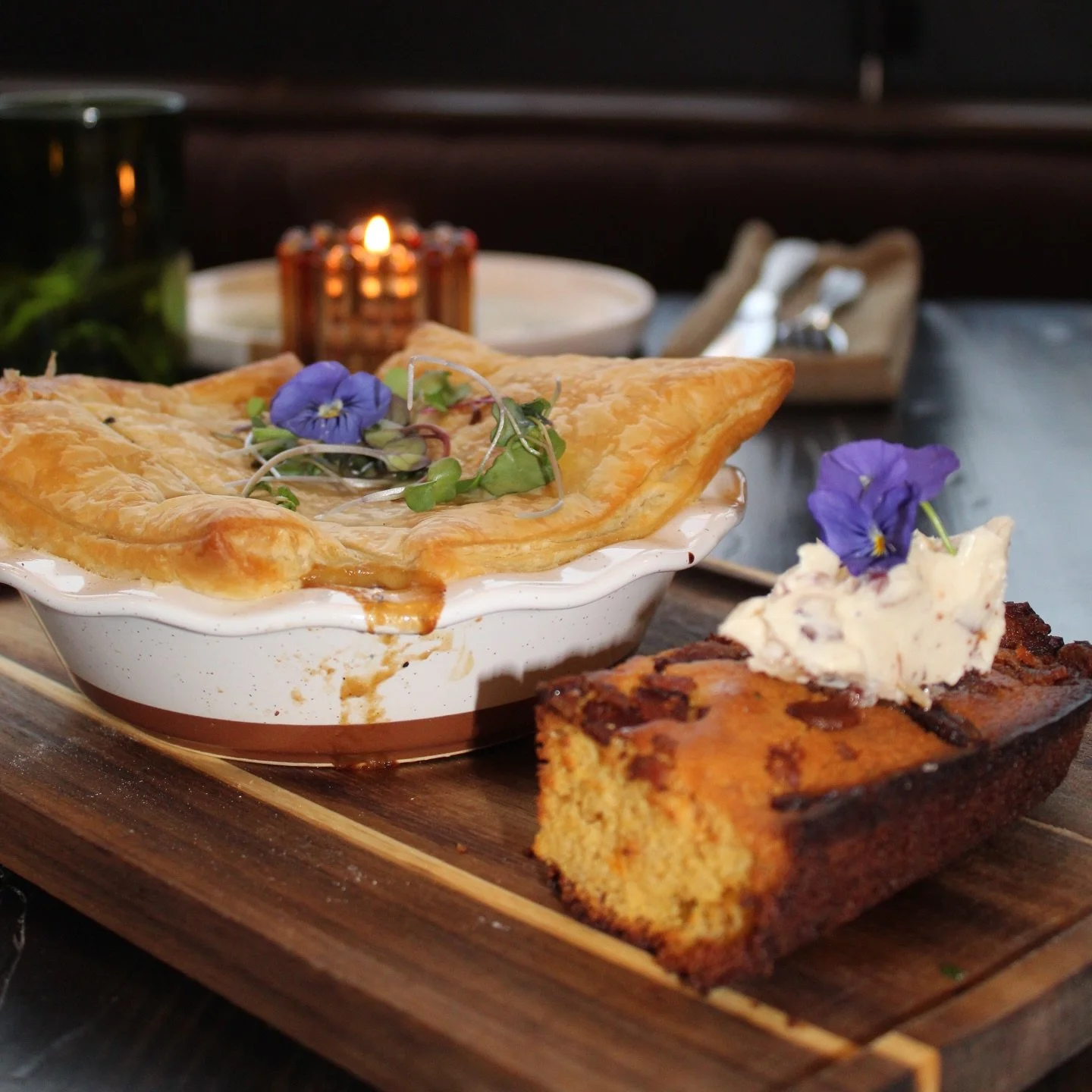 Golden, creamy, and baked to perfection.

Our chicken pot pie paired with bacon cheddar cornbread and maple bourbon butter might just be the best decision you make tonight.