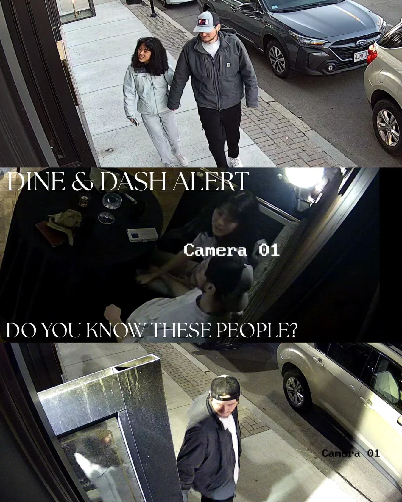 Last night (3/14) this couple dined with us and left without paying for their bill.

If you recognize them, please contact us directly. Dine &amp; dashes hurt small businesses and the staff who work hard to serve you every day.