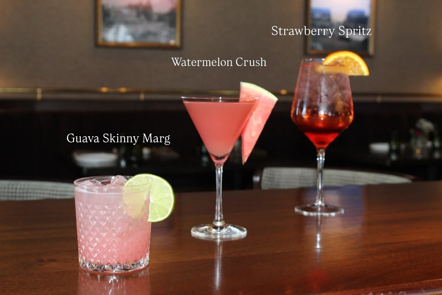 A lineup of pink sips made for sunny days ahead 

Meet your new favorites:
Guava Skinny Marg 🍋&zwj;🟩
Watermelon Crush 🍉
Strawberry Spritz 🍓