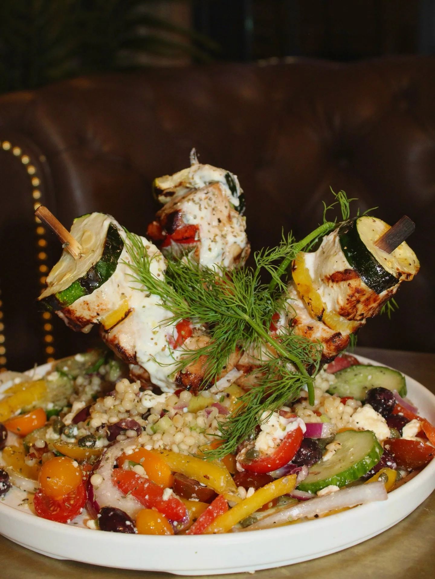 Santorini Skewers 

Fresh swordfish grilled to perfection with tomato, red onion, zucchini, and peppers&mdash;finished with bright lemon and herb notes for that perfect coastal bite to kickoff the weekend ahead.