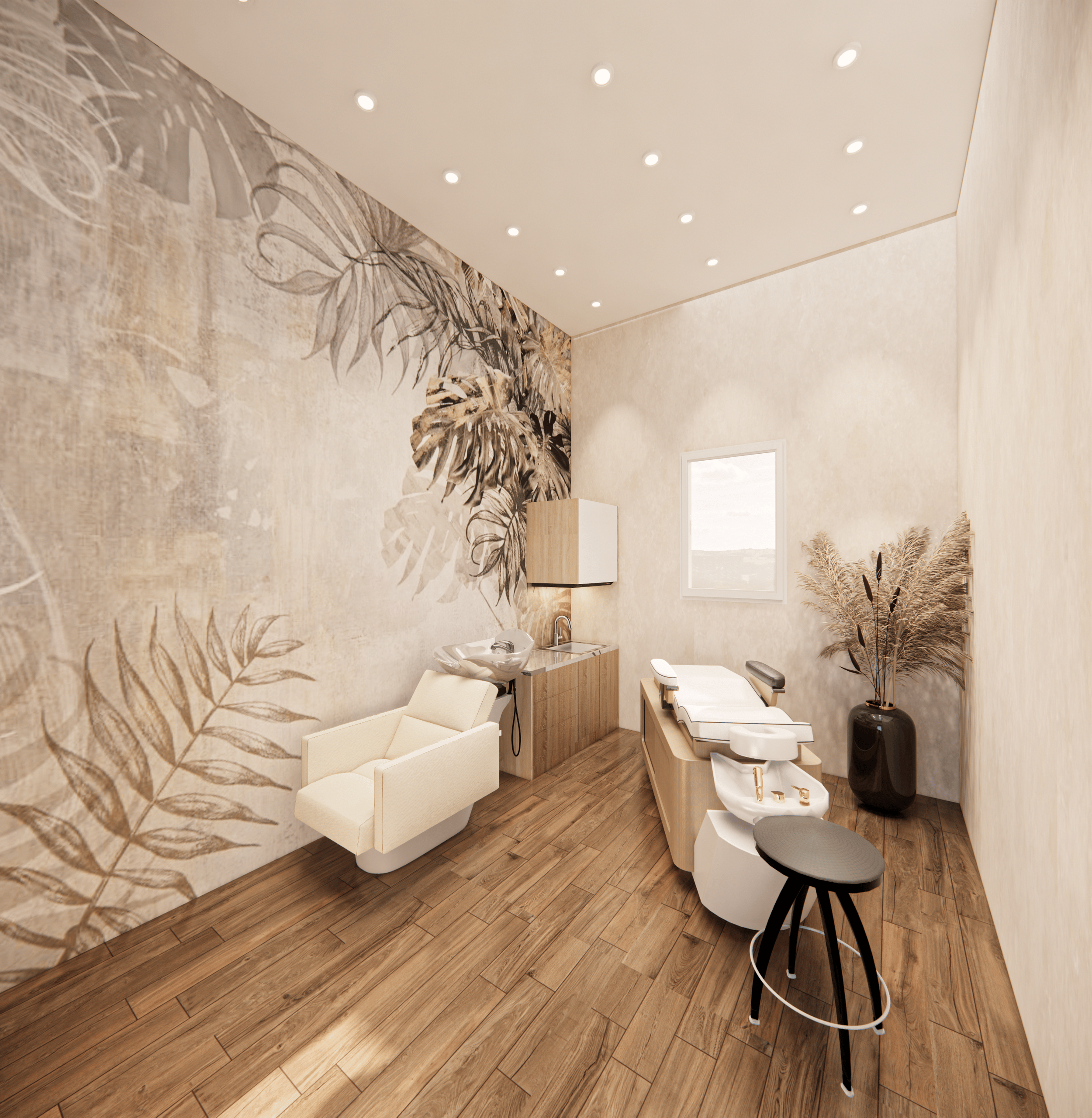 Spacious private suite with tropical accent wall, two white shampoo stations, modern decor, and wood floors for independent beauty professionals.