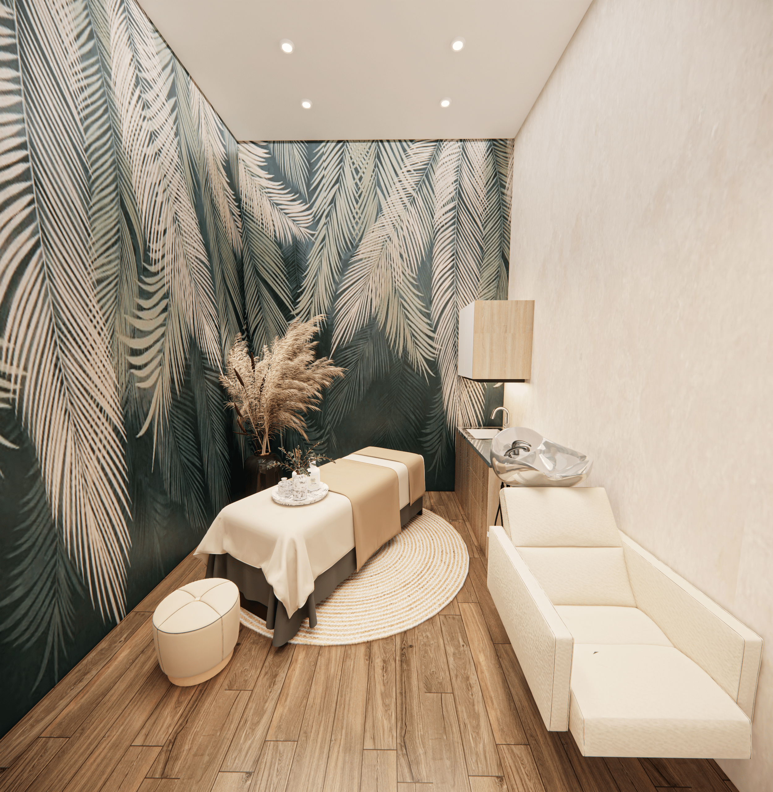 Luxurious spa suite with a palm leaf accent wall, a massage bed, a modern sink, and seating, ideal for independent beauty professionals.