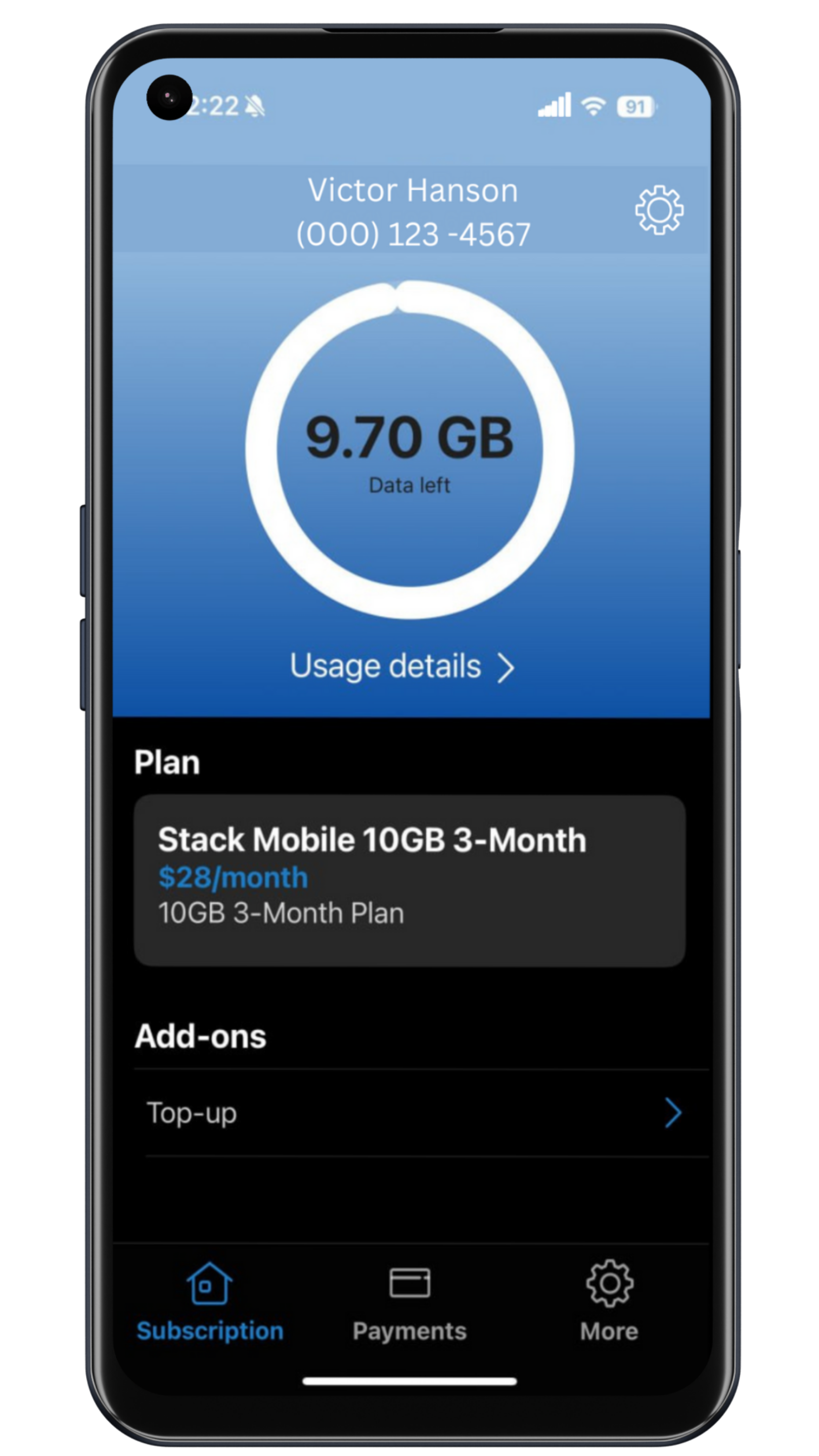 Mobile phone screen displaying a mobile data plan with 9.70 GB of data remaining. The plan is a Stack Mobile 10GB 3-month plan costing $28 per month. The screen shows icons for subscription, payments, and more at the bottom.