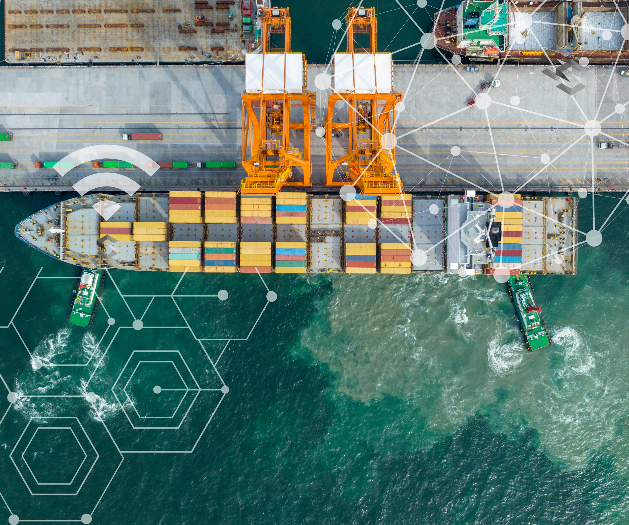 An aerial view of a cargo ship loaded with colorful containers, being guided by tugboats on either side, approaching a dock with large orange cranes and a network of digital lines and hexagons superimposed.