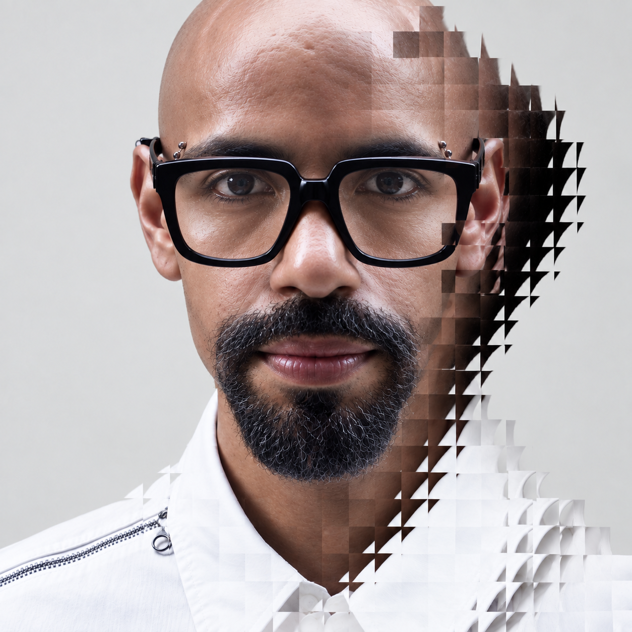 Portrait of Animus Studio creative director Alan Capriles wearing glasses, with a digital pixelation effect on one side of the image