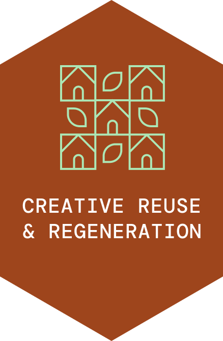 Urban Ecology Conservatory - Creative Reuse and Regeneration icon: checkerboard of houses and leaves