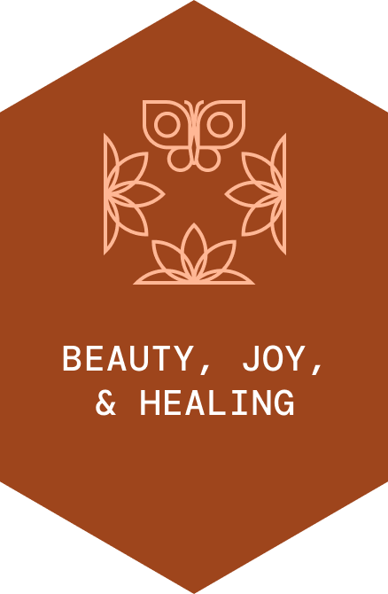 Urban Ecology Conservatory - Beauty Joy and Healing icon: 3 blooming flowers below a butterfly