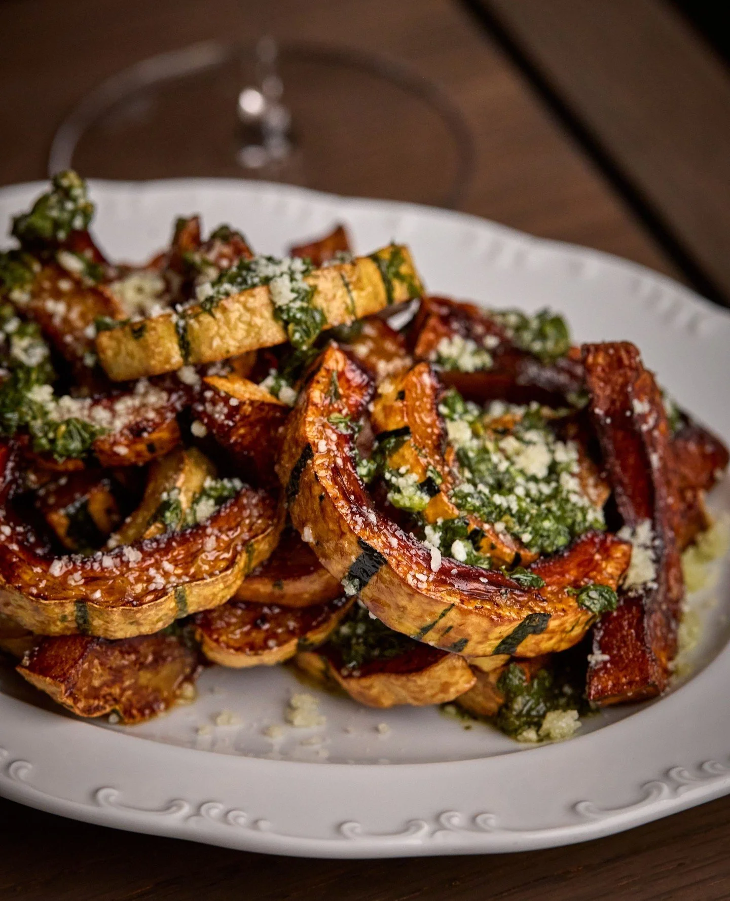 An Ode to Autumn: Roasted Delicata Squash with brown butter, pecorino, and salsa verde.