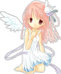 Anime-style girl with pink hair, white wings, a white dress with blue accents, and a small white unicorn with a purple mane on her head.