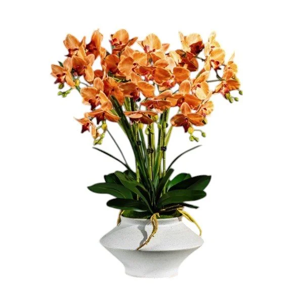 Orange and yellow orchids in a white ceramic vase with green leaves and stems