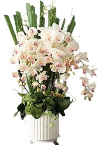 Elegant bouquet of white and pink orchids with green leaves in a white vase.
