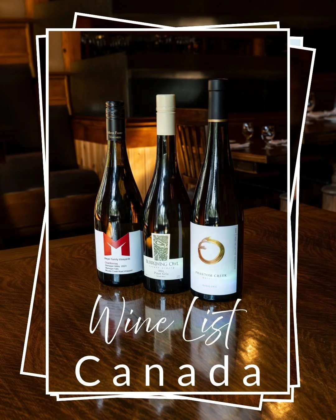 Raise a glass to Canadian winemaking. Introducing a snippet of our wine list. From crisp Riesling to vibrant Pinot Gris and elegant Chardonnay, our Canadian whites showcase the very best of the Okanagan. 
Enjoy them by the glass, or share a bottle at