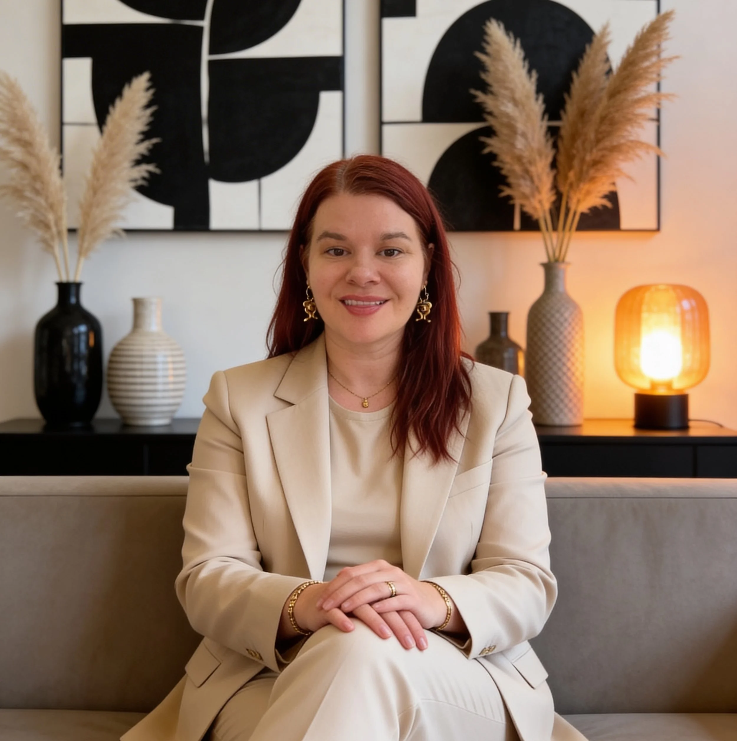 Dr. Michele Ross, a woman with red hair wearing a beige blazer and gold jewelry sitting with her hands clasped. Behind her is a black console table with several decorative vases and a modern black-and-white abstract painting on the wall.
