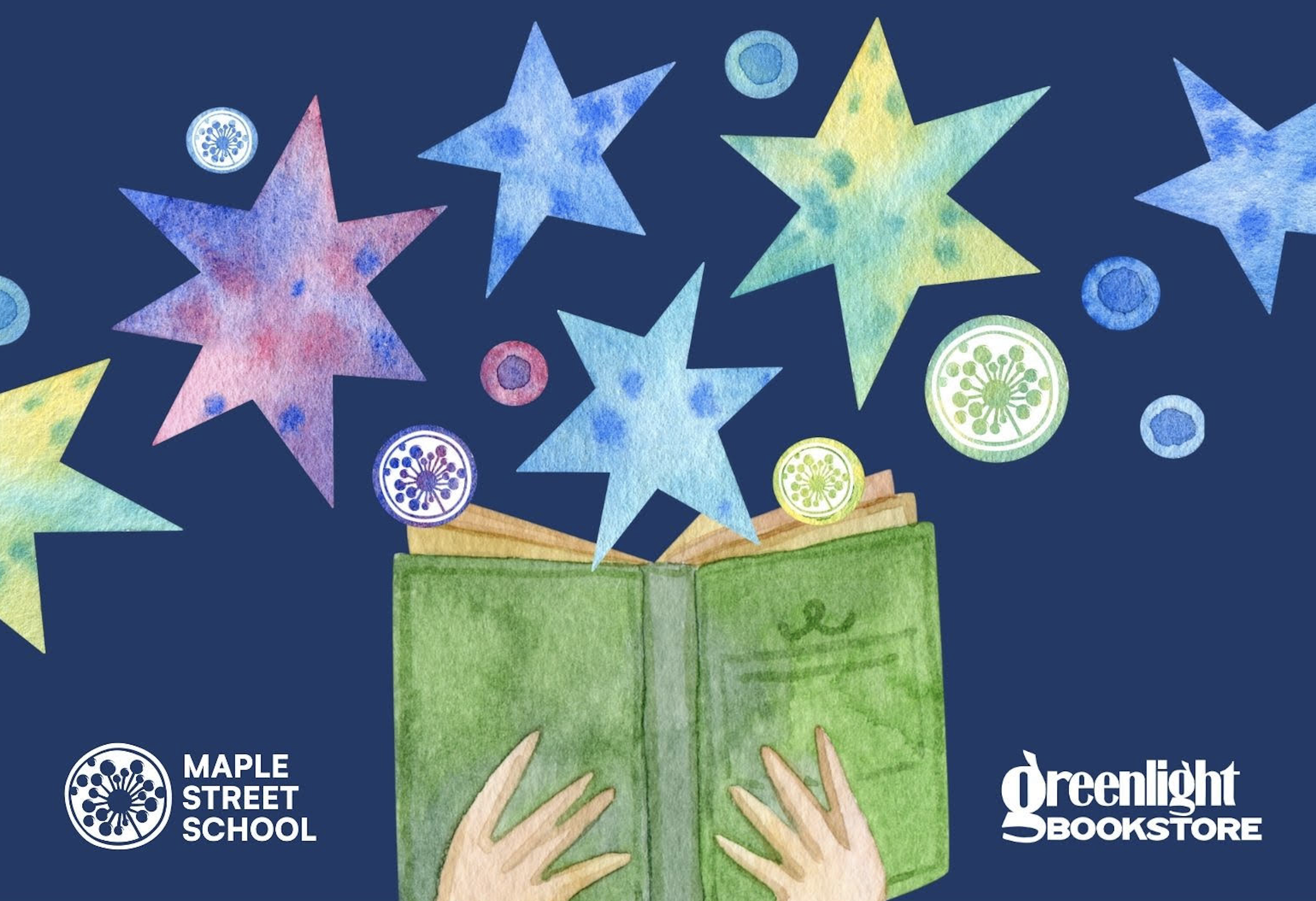 watercolor ilustration of hands holding a book with a green cover while stars float above