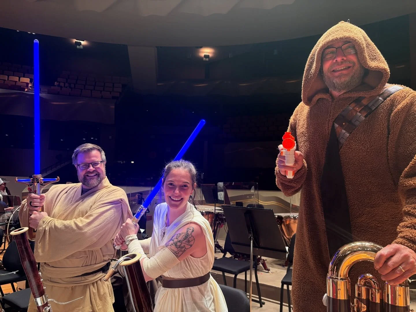 Happy Halloween from the @coloradosymphony bassoon section! We put down our bassoons for a bit and picked up our lightsabers and blasters for the good of the universe!!! #starwars #obiwan #rey #chewbacca #bassoon