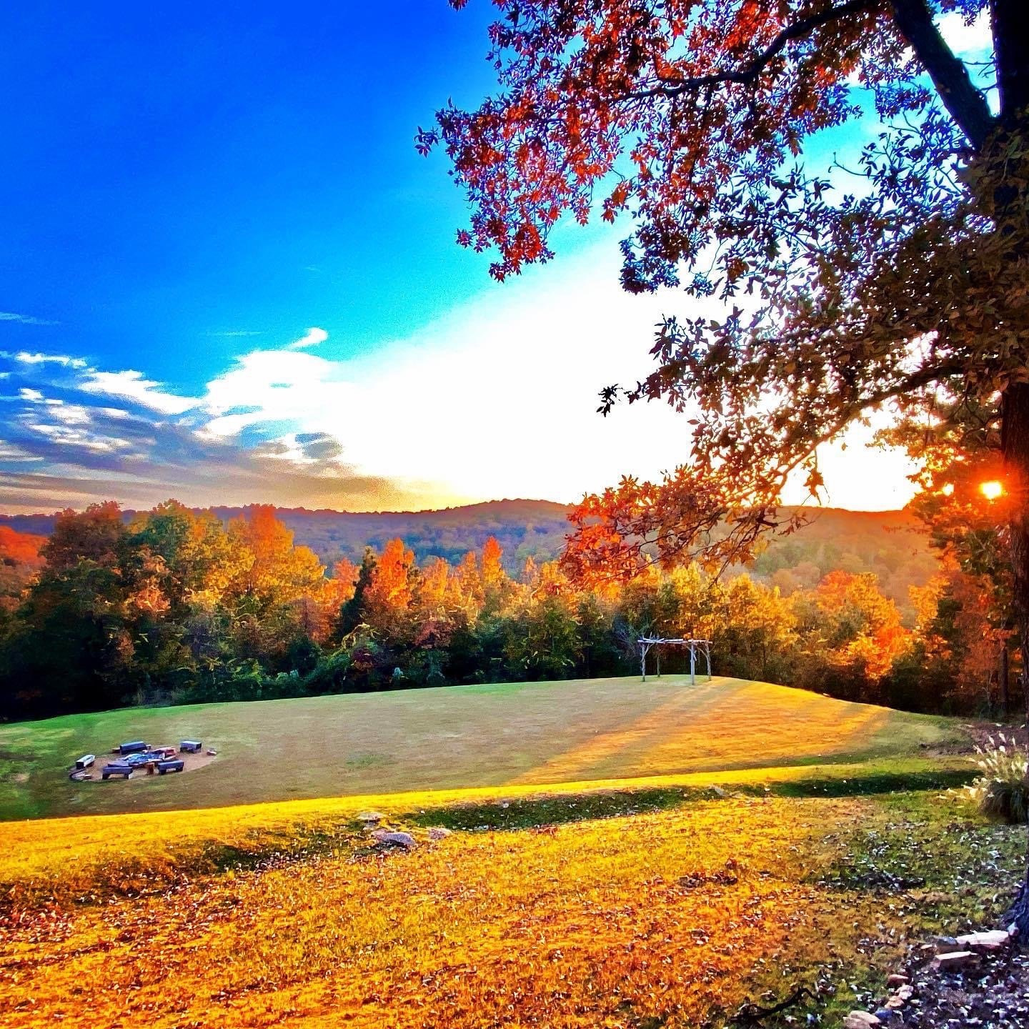 Scenic autumn landscape with colorful trees, a clear blue sky, and a grassy area with a small fire pit. The sun is setting, creating a warm glow over the scene.