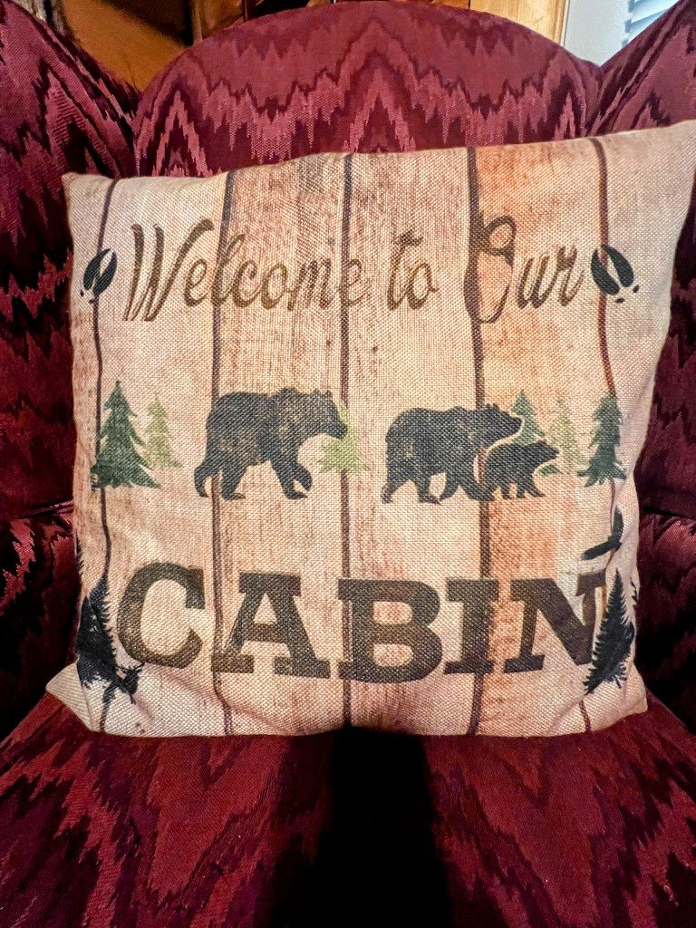 Decorative pillow with "Welcome to Our Cabin" text and bear imagery on a patterned red chair.