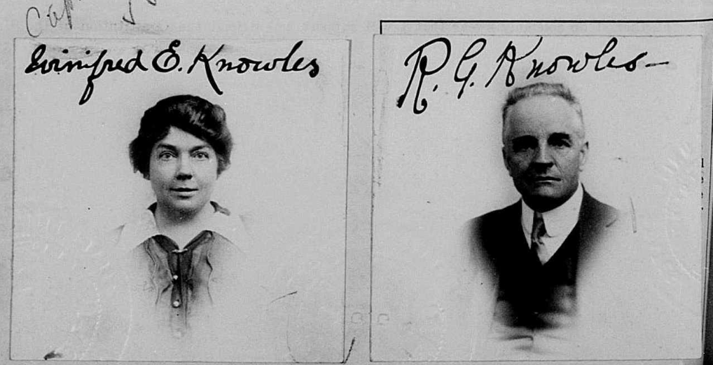 Winifred Johnson Knowles and R.G. Knowles in later life. US passport application. Public domain.