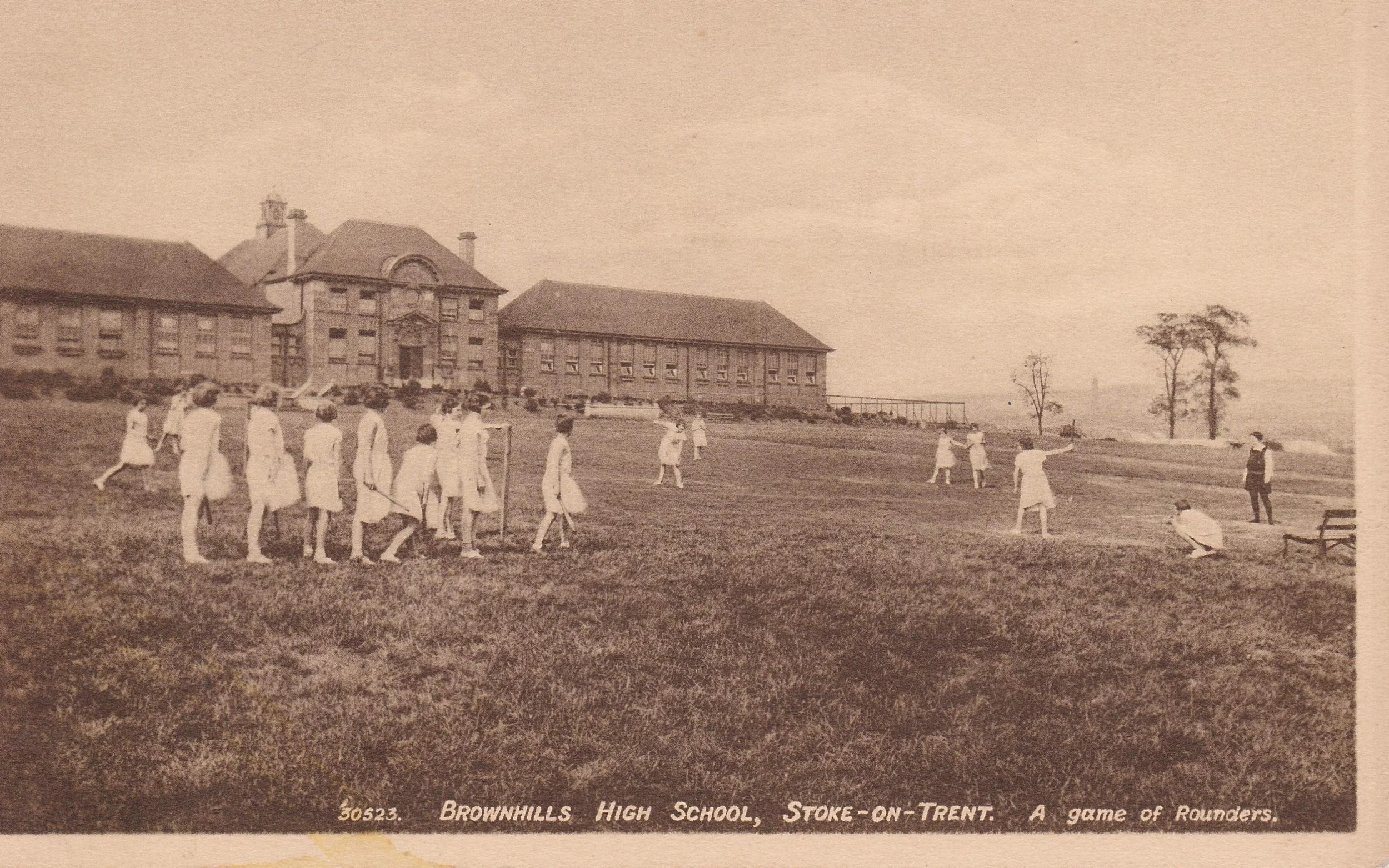 School-age girls playing the Ling game, Stoke-on-Trent, Staffordshire. Postcard. Author's own collection.