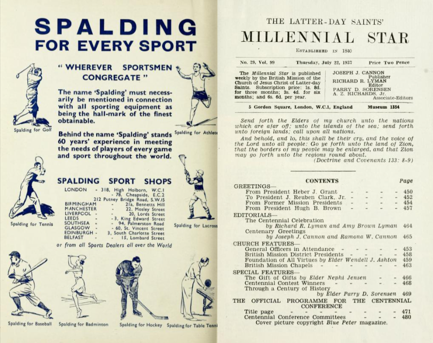 A Spalding Sports Equipment ad in a 1937 issue of the Millennial Star. Image from Millennial Star newsletter, 22 July 1937. Accessed from archive.org. Public domain.