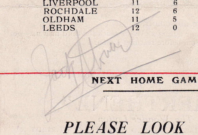 Jack Stover's signature, game programme, first playoff for 1939 League Championship, 3 August 1939. Author's own collection.