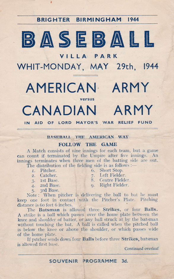 10th Repple Depple baseball team versus a team from the Canadian Army, Birmingham, 29 May 1944. Programme. Author's own collection.