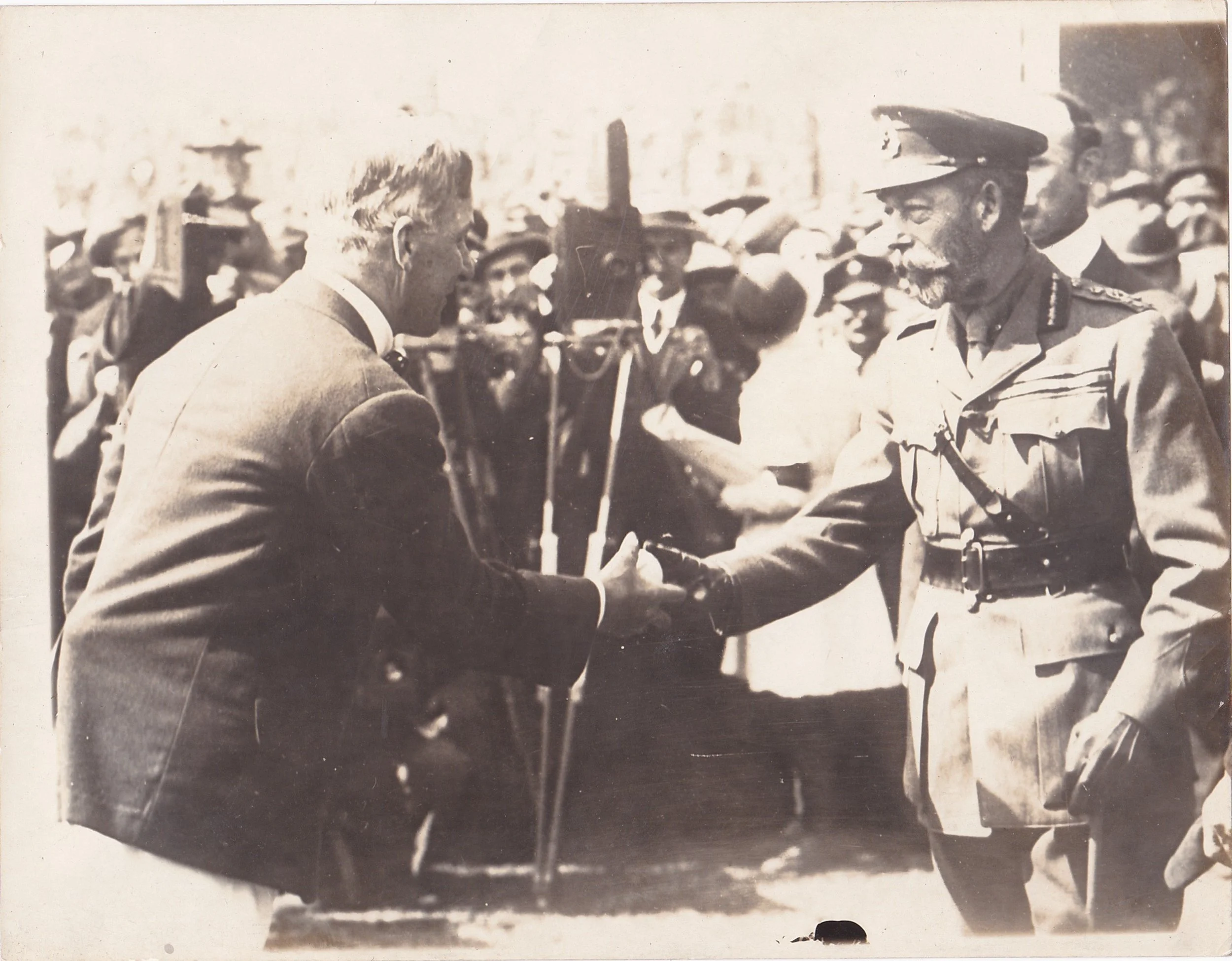 Press photo, 4 July 1918 baseball game at Stamford Bridge, King George V and Arlie Latham. Author's own collection.