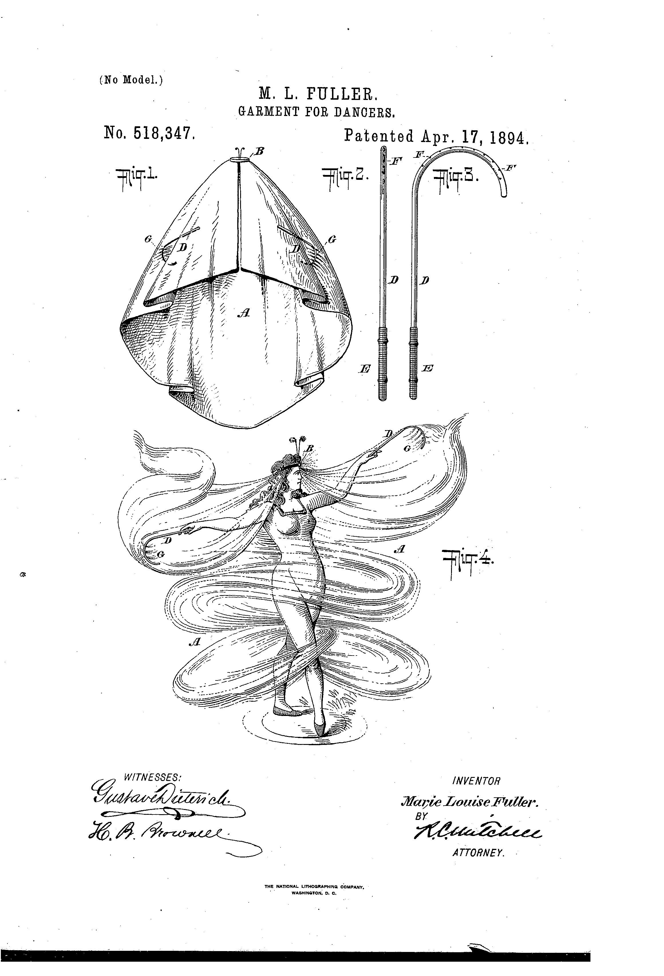 Image from one of Loïe Fuller's patents.  https://patents.google.com/patent/US518347?oq=518347