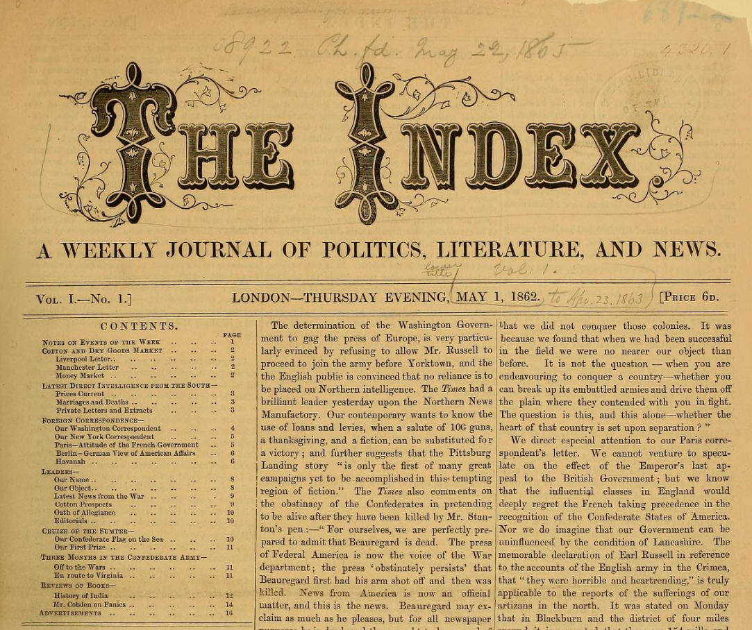 First edition of The Index, 1 May 1862, archive.org. Public domain.