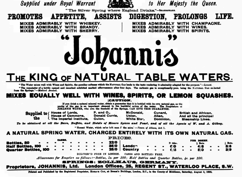 Johannis Mineral Water, proposed name for a team that did not emerge for the 1895 season. Queen Magazine, 3 August 1895.  Image created by the British Library Board. No known copyright holder.