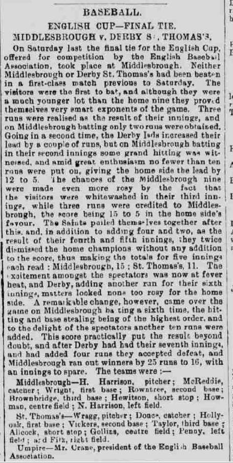 Game report, the 1892 National Championship Final. Derby Mercury, 31 August 1892. Image created by the British Library Board. Public domain. Middlesbrough's pitcher was not 'H. Harrison' but 'R.C. Harrison', an American who learned his baseball in Ca