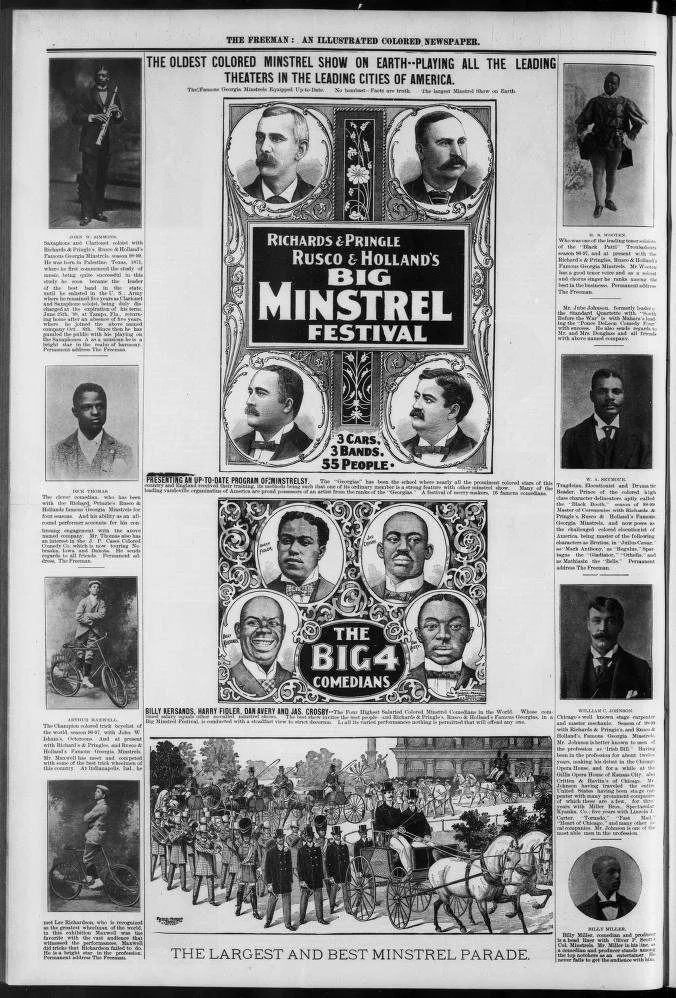 Richards and Pringles Georgia Minstrels with Billy Kersands. The Freeman (Indianapolis, IN), 24 December 1898. Image created by the Library of Congress. Public domain.