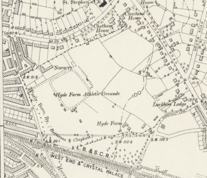 Hyde Farm, Balham, 1896 Ordnance Survey Map. Library of Scotland. https://maps.nls.uk/os/. Public domain.