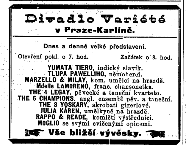 Yumata Tiero in Prague. Šípy, 3 December 1898. Image created by archive.org. Public domain.
