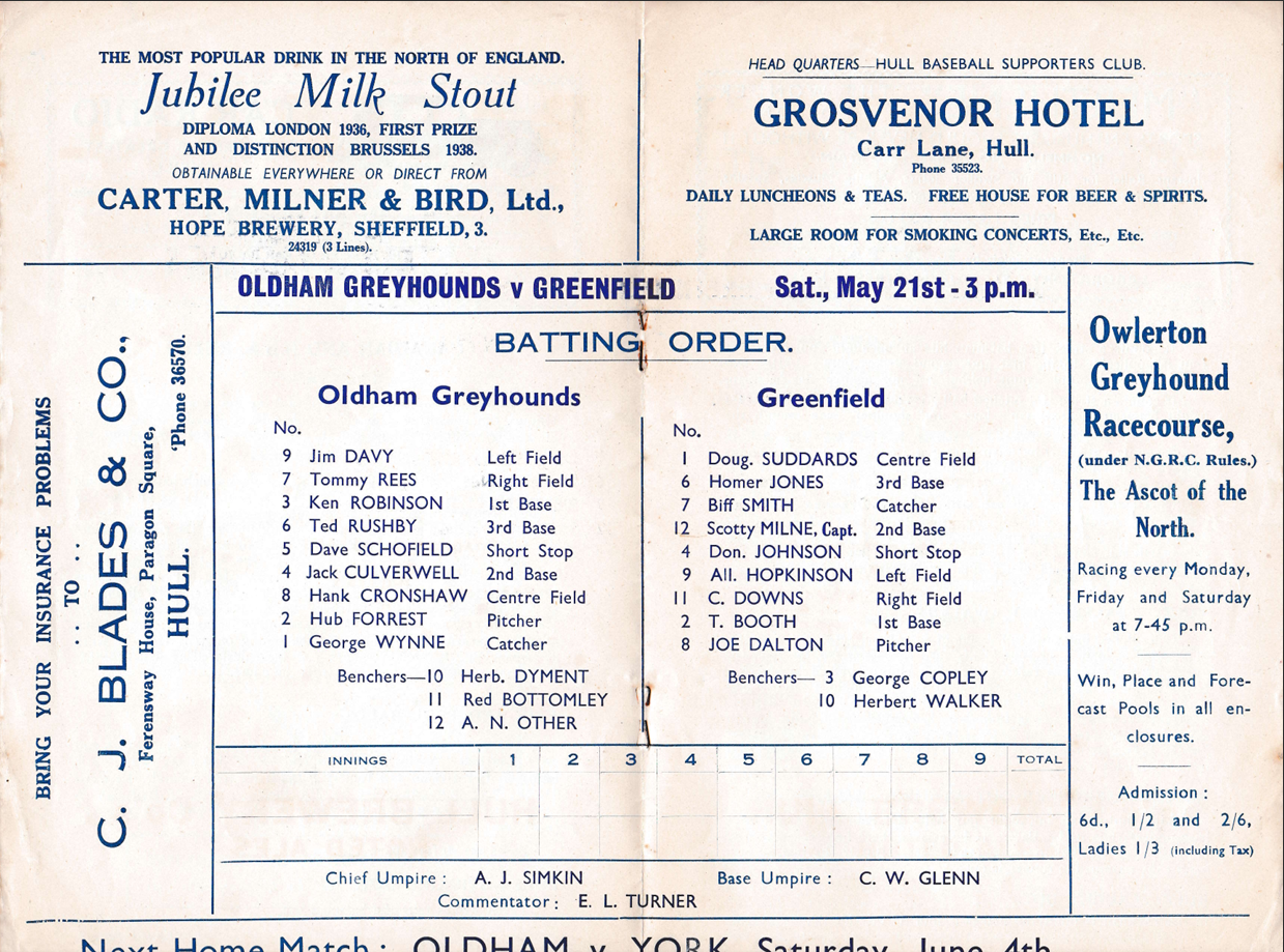 Joe Dalton in the 1938 Greenfield Giants (Bradford) team. Game programme 21 May 1938. Author's own collection.