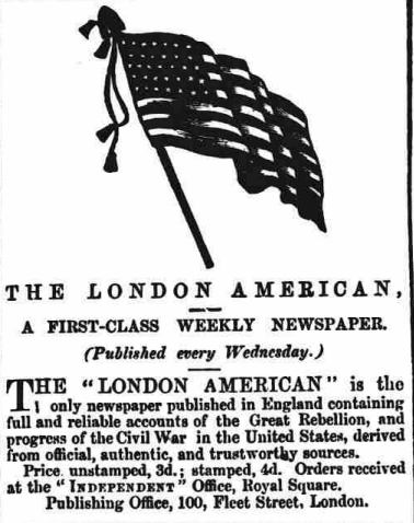 Stars and Stripes. Advertisement for the London American, Jersey Independent, 7 June 1862. Image created by the British Library Board. No known copyright holder.