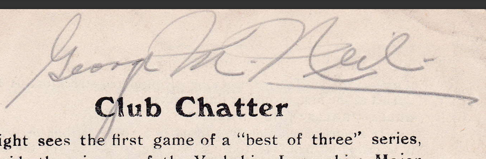 George "Chummy" McNeil's signature, game programme, first playoff for 1939 League Championship, 3 August 1939. Author's own collection.