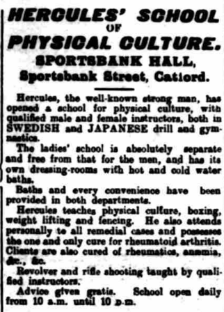 Hercules' School of Physical Culture. Sydenham, Forest Hill & Penge Gazette, 27 November 1914.  Image created by the British Library Board. No known copyright holder.