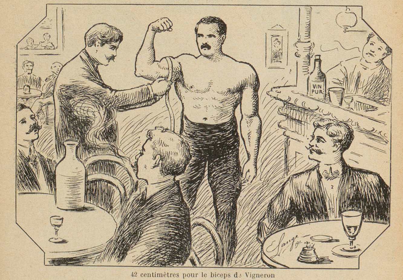 42 centimetres pour le biceps de Vigneron.  La Santé par les Sports, 1 February 1912. Image created by the Bibliothèque nationale de France, accessed via Gallica. Public domain.