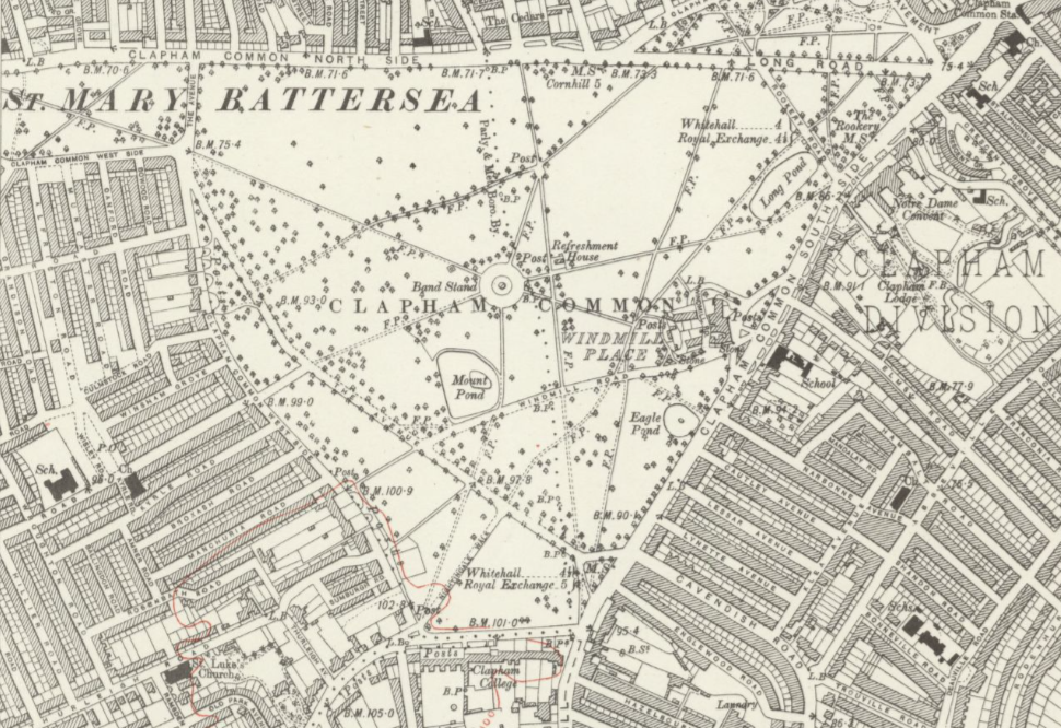 Clapham Common, 1896 Ordnance Survey Map. Library of Scotland. https://maps.nls.uk/os/. Public domain.