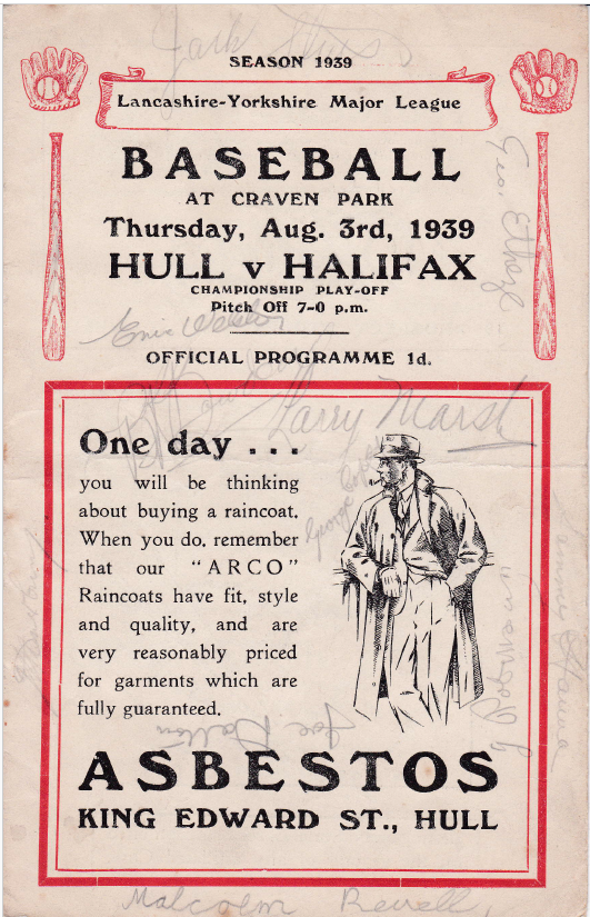 Hull baseball programme, 1939. Author's own collection.