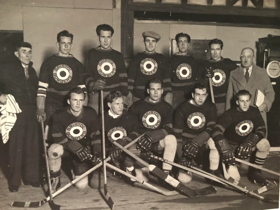 The Bristol Bombers Ice Hockey team, 1938-1939. Uploaded to Reddit. Copyright undetermined.